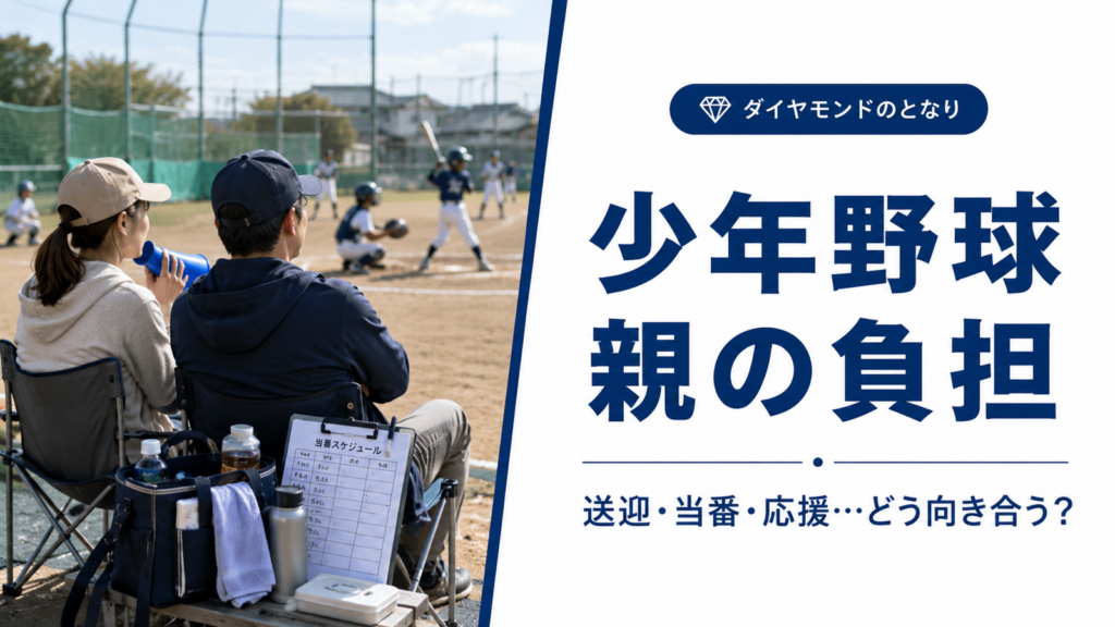 少年野球を見守る保護者と子どもを描いた、親の負担に関するアイキャッチ画像