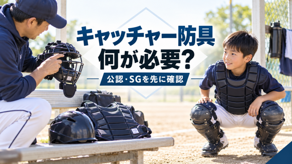 少年野球のキャッチャー防具4点をベンチで確認する子どもと保護者