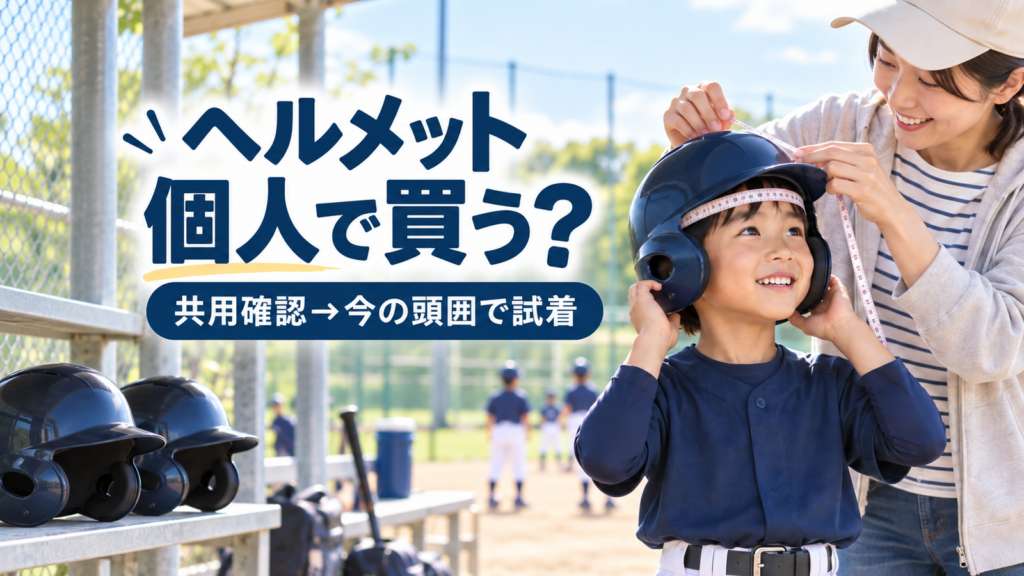 少年野球の打者用ヘルメットを共用品から選び試着する子どもと保護者