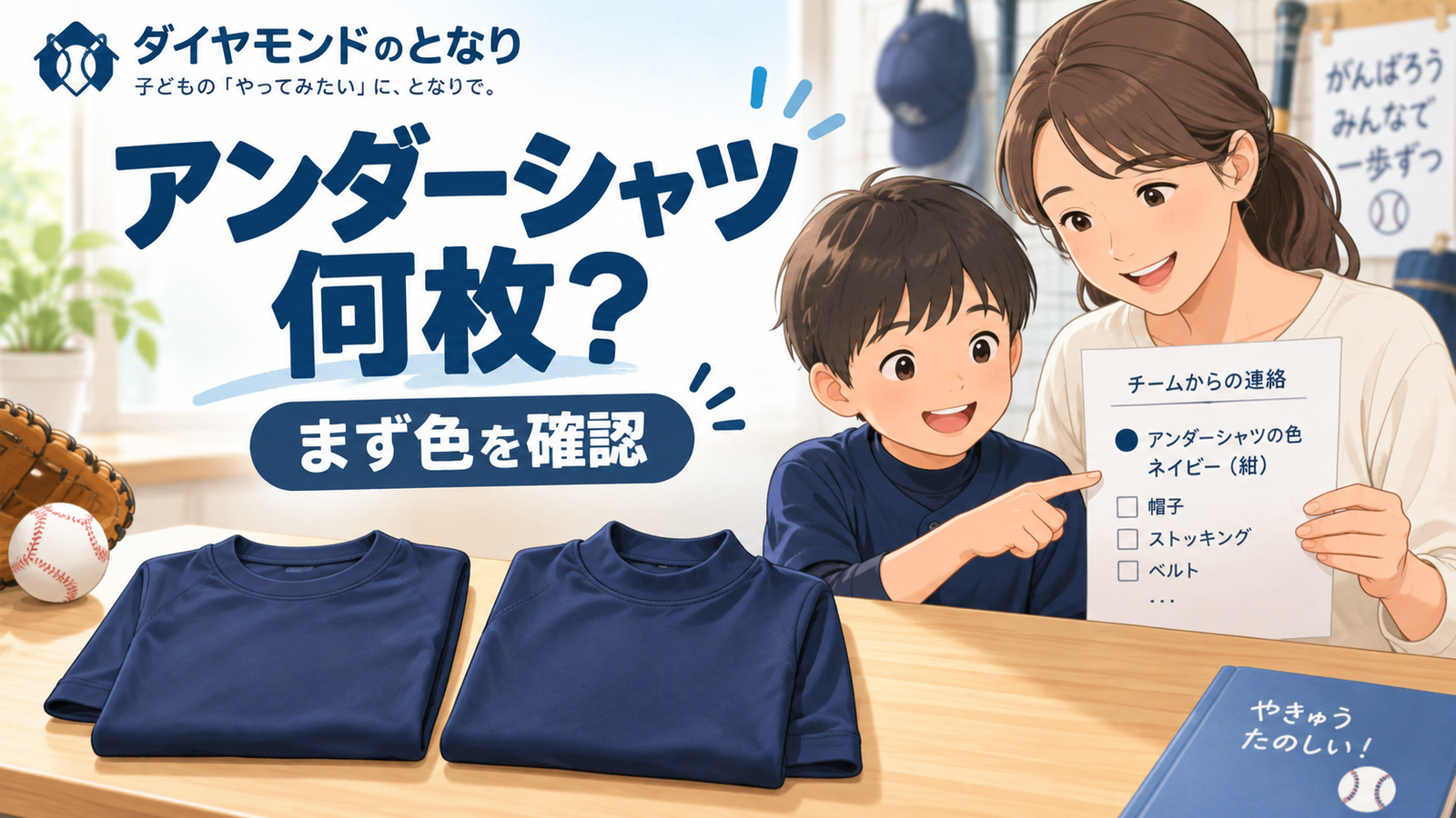 少年野球の入団準備でチーム指定色を確認しながらアンダーシャツをそろえる親子のアイキャッチ画像