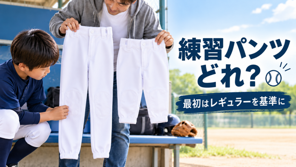 少年野球の練習用パンツのレギュラー丈とショートフィットを親子で比較しているアイキャッチ画像