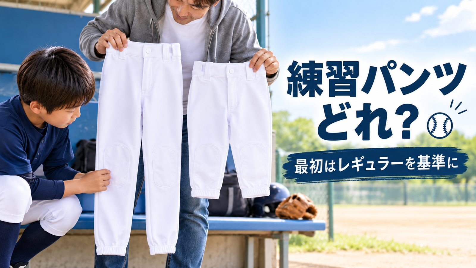 少年野球の練習用パンツのレギュラー丈とショートフィットを親子で比較しているアイキャッチ画像