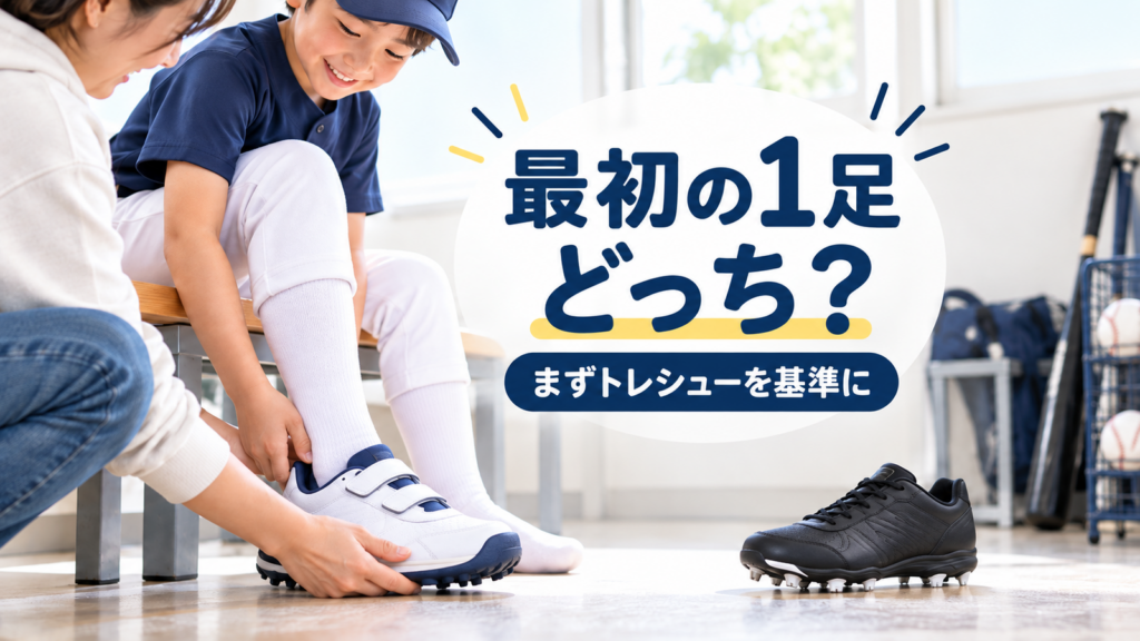 少年野球のトレーニングシューズを野球用ソックスで試着し、スパイクとの違いを確認する親子のアイキャッチ画像