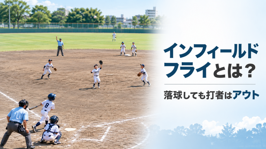 少年野球で内野に高く上がったフライを野手が追い、塁上の走者が様子を見るインフィールドフライのルール解説画像