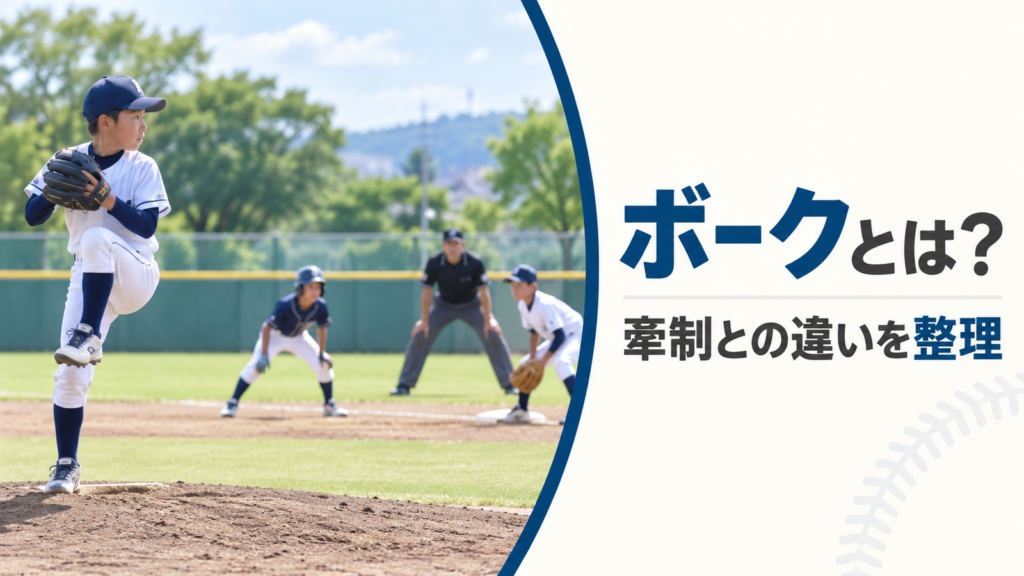 少年野球で投手の動作と一塁走者の様子を描いたボークのルール解説アイキャッチ画像