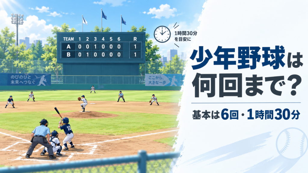 少年野球の試合とスコアボードを描き、基本の6回制と1時間30分の時間制限を伝えるアイキャッチ画像