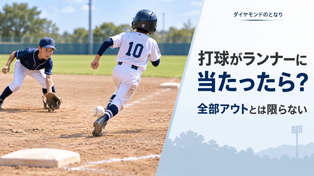 少年野球で内野の打球が塁間を走る走者の近くへ進み、守備選手との位置関係からアウトかどうかを判断する場面を描いたアイキャッチ画像