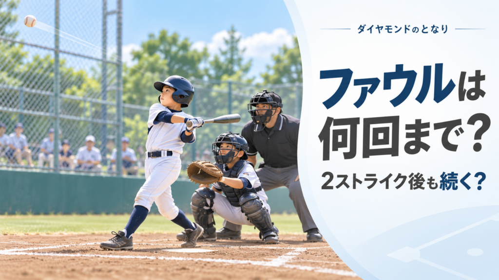 少年野球で打者がファウルを打ち、捕手と球審がプレーを見る場面を描いたファウルルール解説のアイキャッチ画像