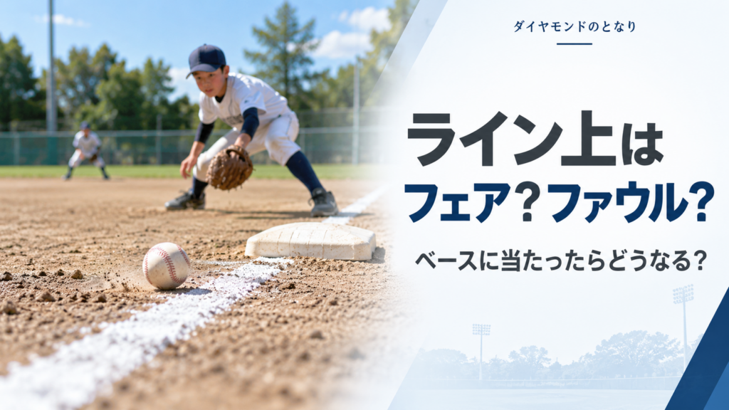 少年野球で一塁線付近を転がる打球と一塁ベースを描き、ライン上やベースに当たったボールのフェア・ファウル判定を伝えるアイキャッチ画像