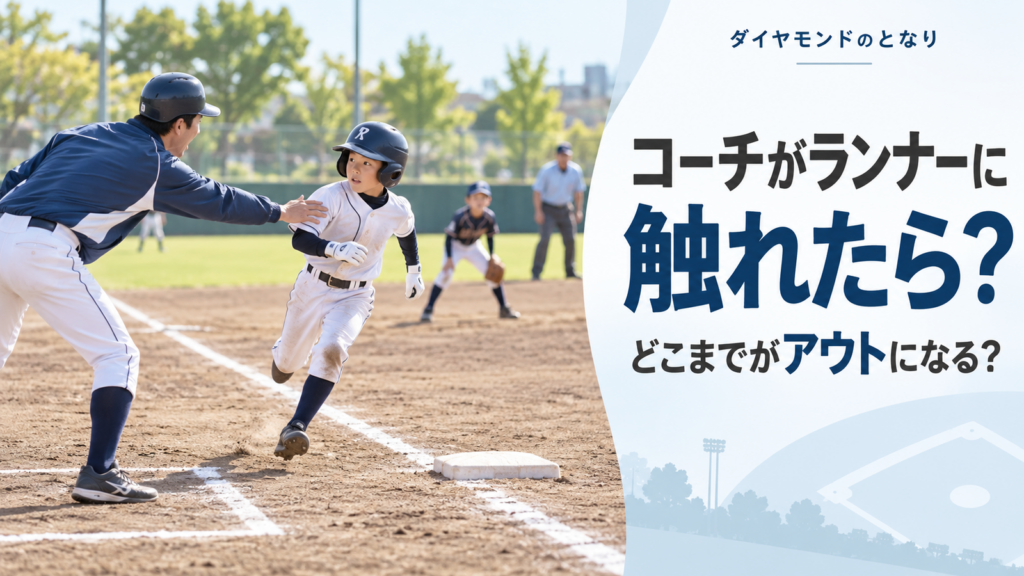 少年野球で三塁付近を走るランナーへベースコーチが手を伸ばし、接触がアウトになるかを考える場面を描いたアイキャッチ画像