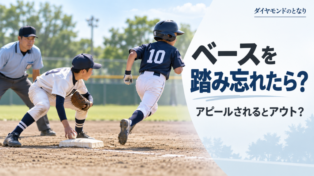少年野球で走者がベースを踏まずに通過し、守備選手がボールを持って塁へアピールする場面を描いたアイキャッチ画像