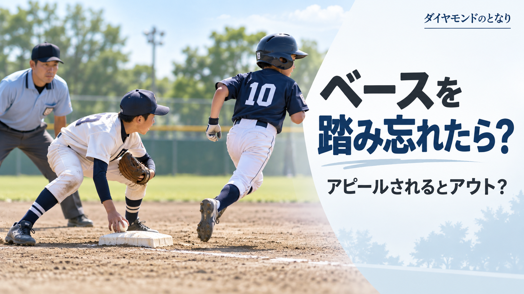 少年野球で走者がベースを踏まずに通過し、守備選手がボールを持って塁へアピールする場面を描いたアイキャッチ画像