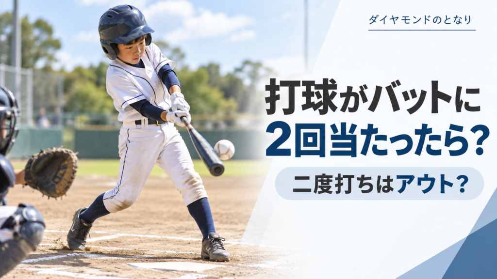 少年野球で打者が打った直後のボールが再びバット付近へ戻り、二度目に当たりそうな場面を描いた二度打ちルールのアイキャッチ画像
