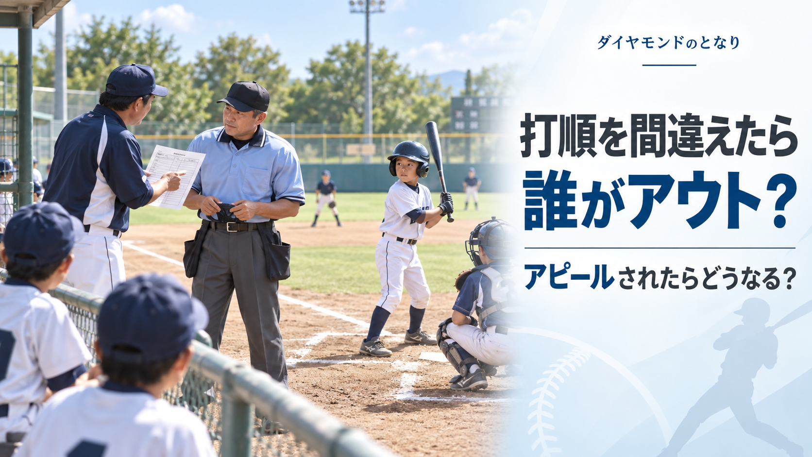 少年野球で打者が打席に立つ中、打順表を確認しながら打順間違いをアピールする場面を描いたルール解説のアイキャッチ画像