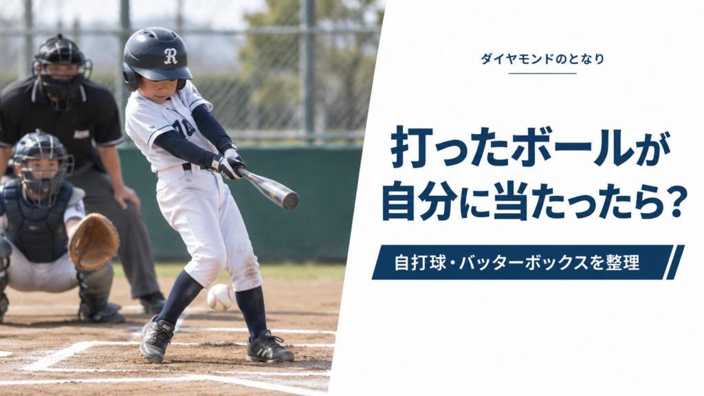 少年野球で、打球直後のボールが打者の足元や体に当たる場面を描いた、自打球ルール解説のアイキャッチ画像