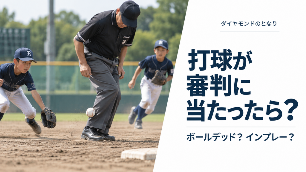 少年野球の試合中に打球が審判の脚付近に当たり、守備選手が反応している場面を描いたルール解説のアイキャッチ画像