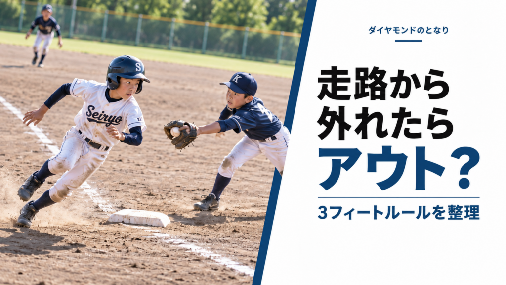 少年野球でタッチを避けるため走路から横へ大きくかわすランナーと守備選手を描いた3フィートルール解説のアイキャッチ画像