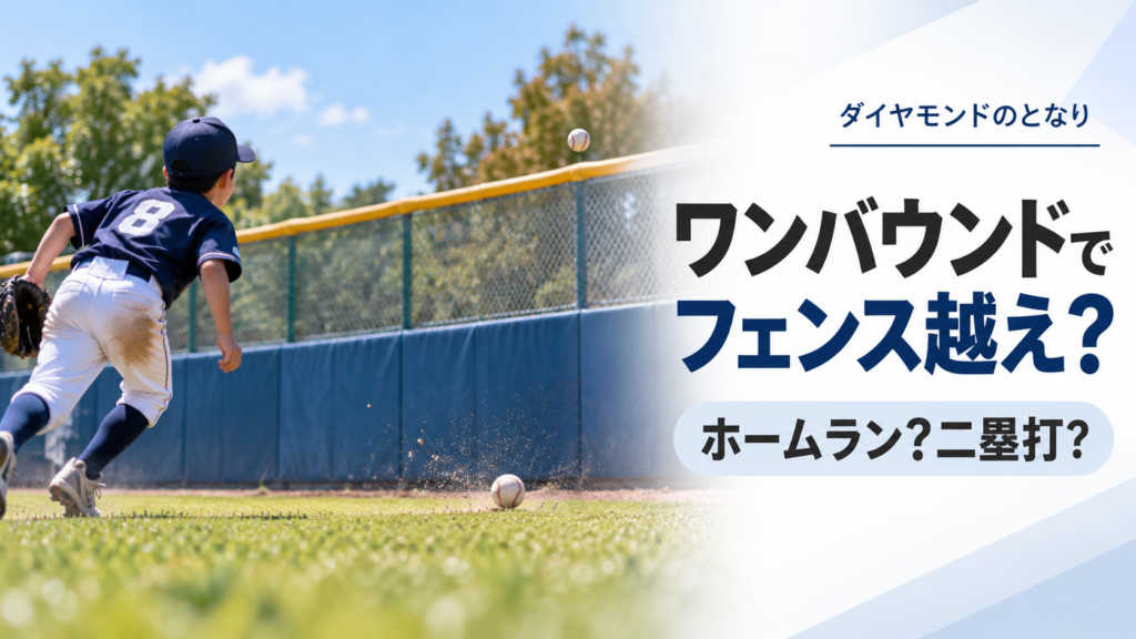 少年野球で打球が外野でワンバウンドしてからフェンスを越えていく場面を描いたルール解説のアイキャッチ画像