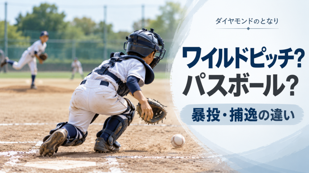 少年野球で投球がキャッチャーの横を抜け、捕手が後方へボールを追う場面を描いたワイルドピッチとパスボール解説のアイキャッチ画像
