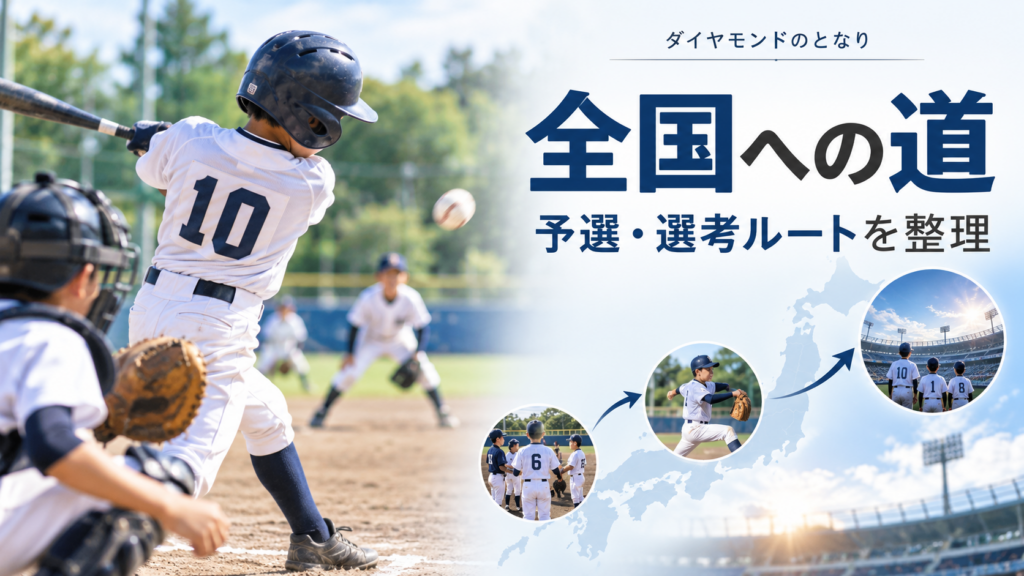 高円宮賜杯で全国へ行くには？都道府県予選から全国までの流れを整理をイメージした少年野球U-12大会のアイキャッチ画像