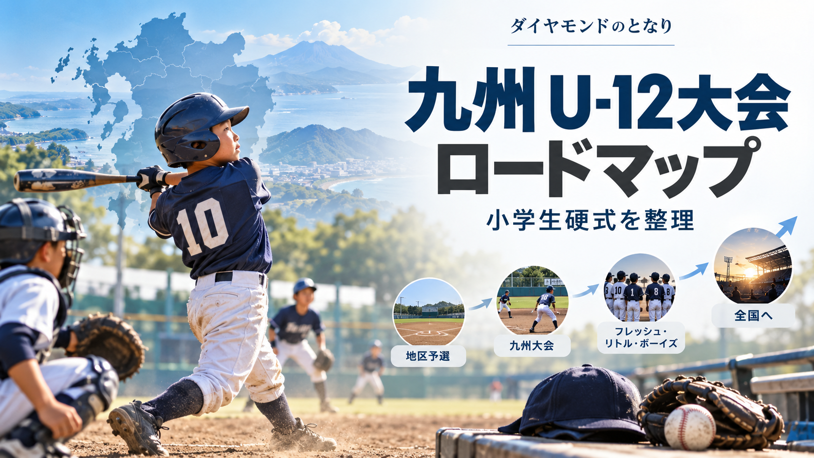 九州の小学生硬式U-12大会ロードマップをイメージした少年野球U-12大会のアイキャッチ画像