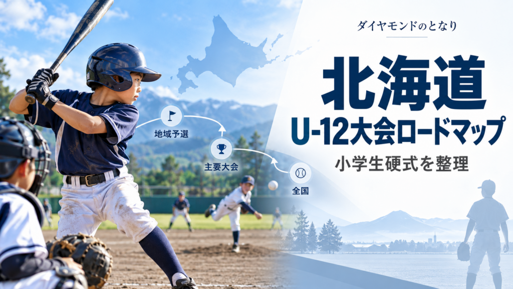 北海道の小学生硬式U-12大会ロードマップをイメージした少年野球U-12大会のアイキャッチ画像