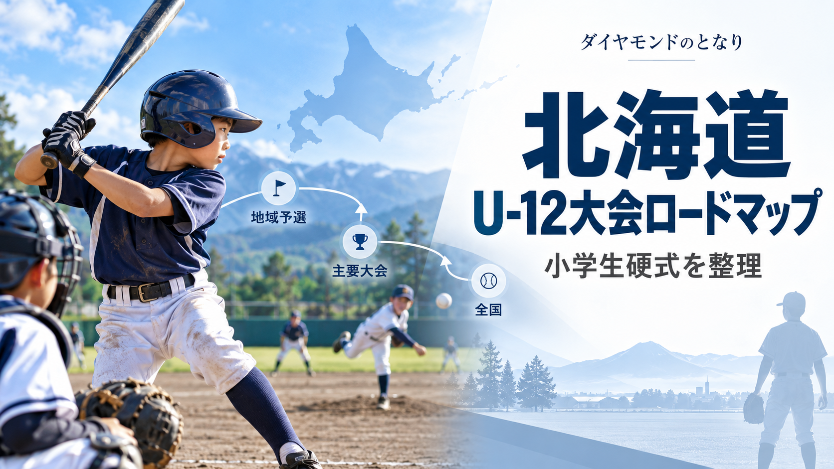北海道の小学生硬式U-12大会ロードマップをイメージした少年野球U-12大会のアイキャッチ画像