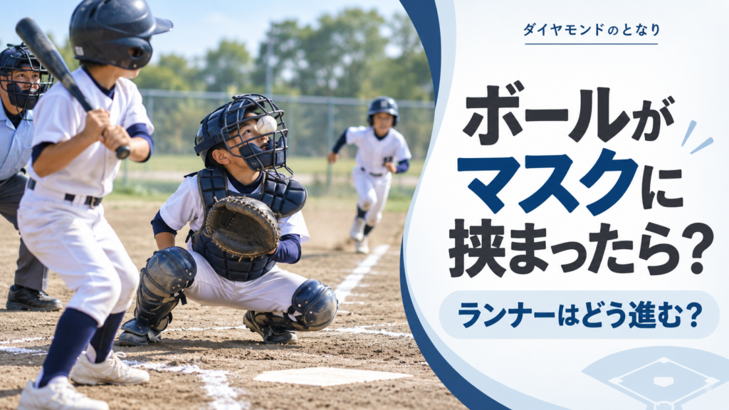 少年野球で投球がキャッチャーマスクに挟まったら？ランナーは何塁進む？場面を描いた少年野球ルール解説のアイキャッチ画像