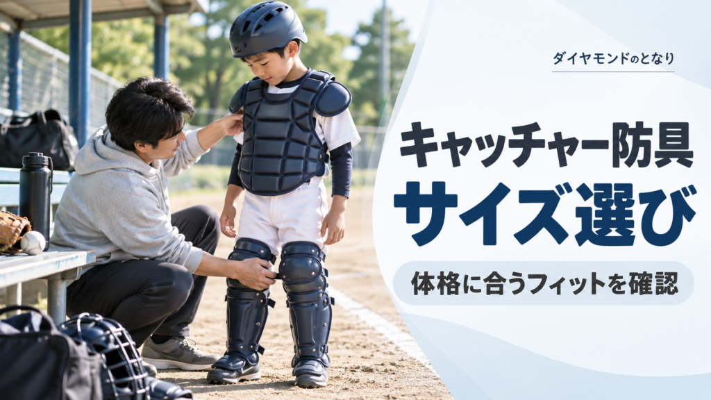 少年野球のキャッチャー防具を体格に合わせて試着するアイキャッチ画像