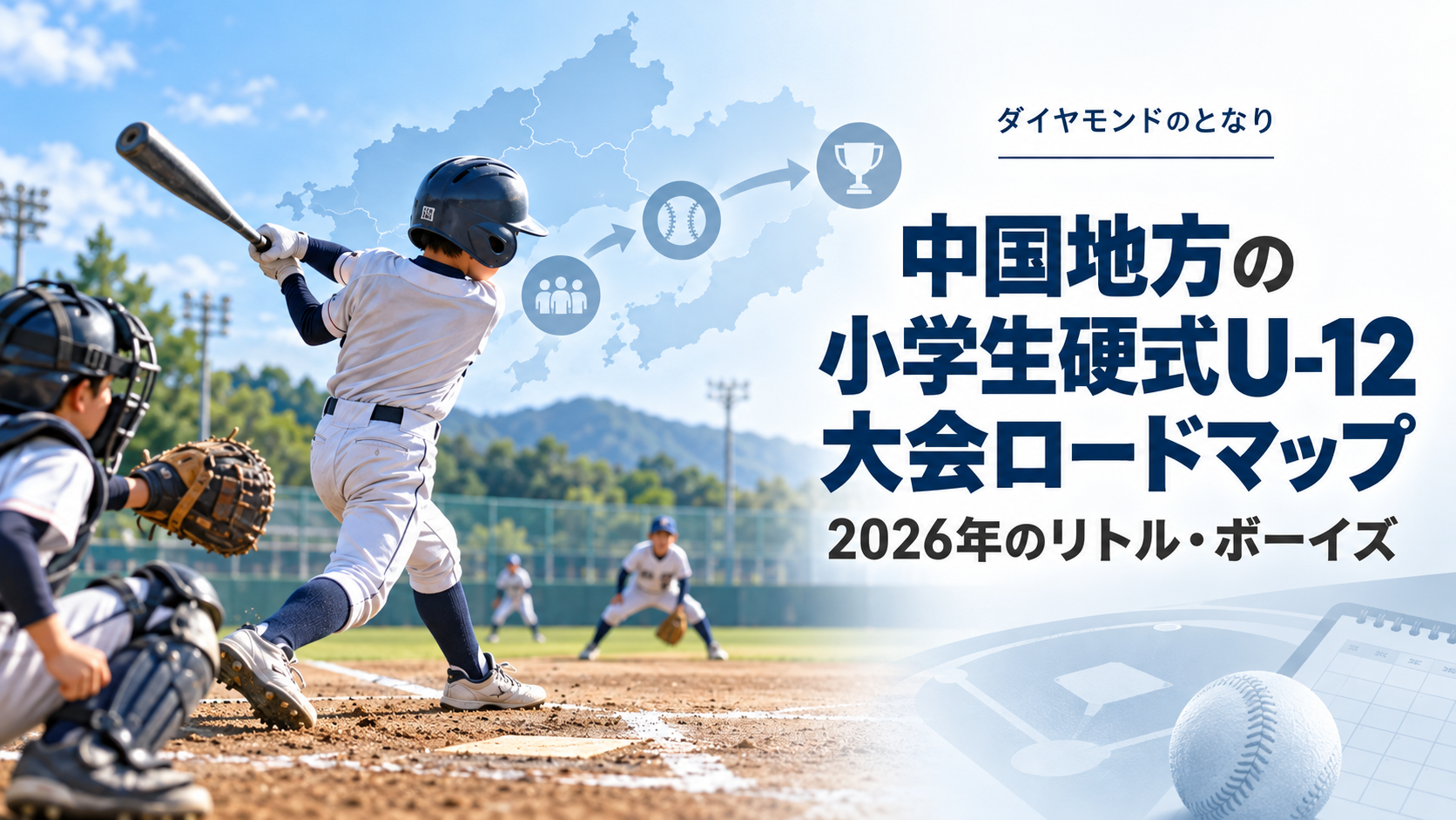 中国地方の小学生硬式U-12大会ロードマップをイメージした小学生野球大会のアイキャッチ画像