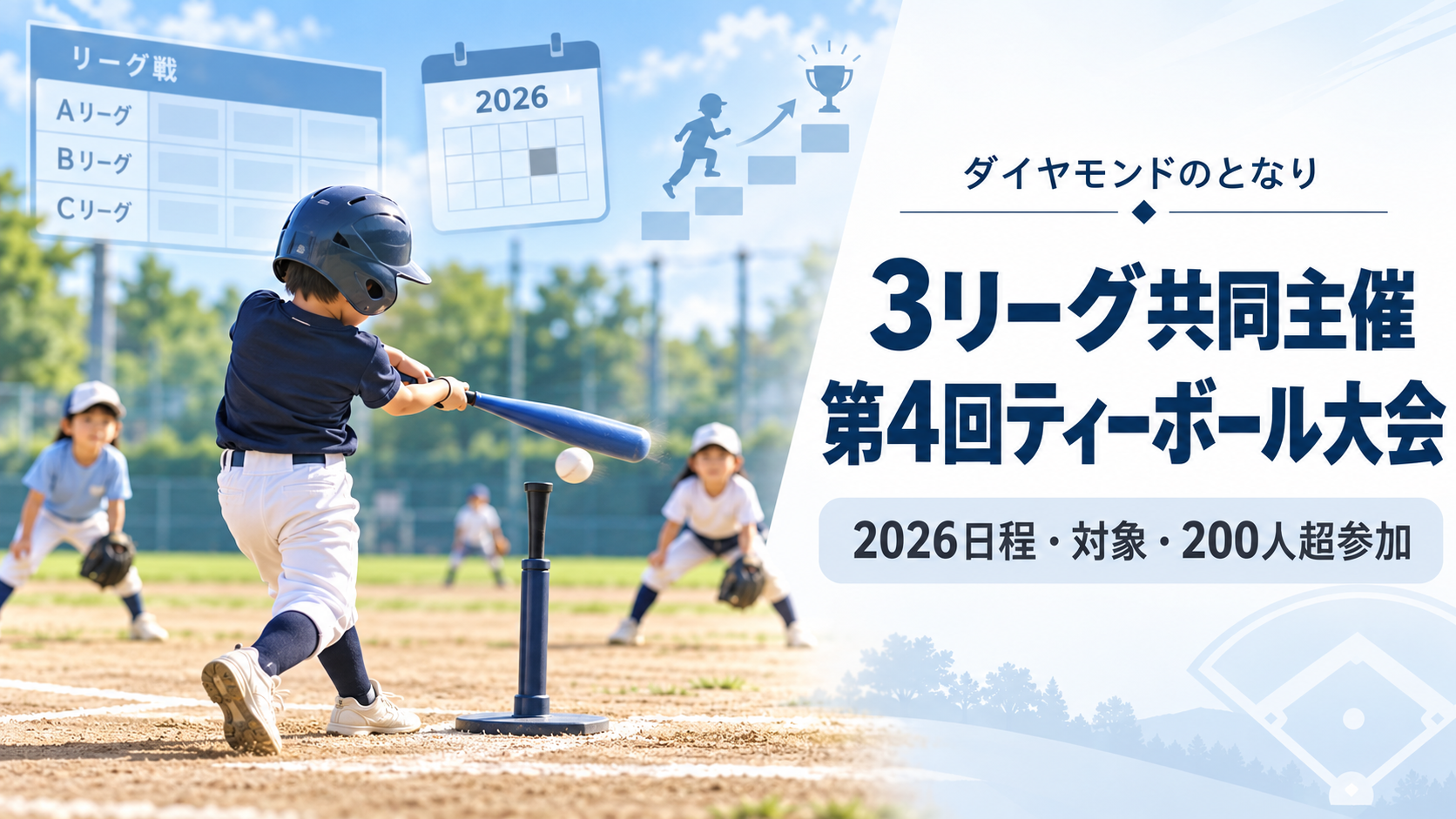 3リーグ共同主催第4回ティーボール大会をイメージした小学生野球大会のアイキャッチ画像
